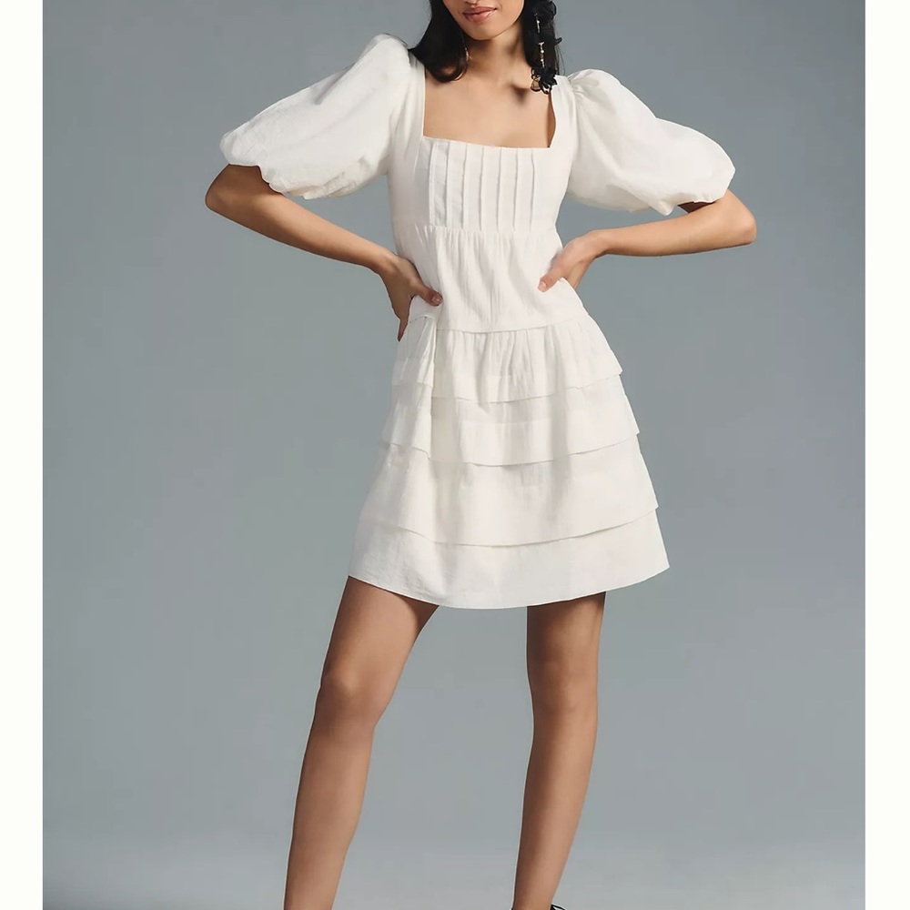 *ISO*By Anthropologie Square-Neck Puff-Sleeve Tiered Dress